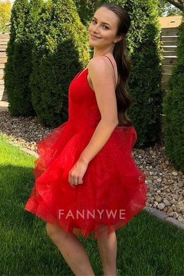 FannyWe Simple Princess Red A-line Ruffles Short Homecoming Dress formal wear dresses